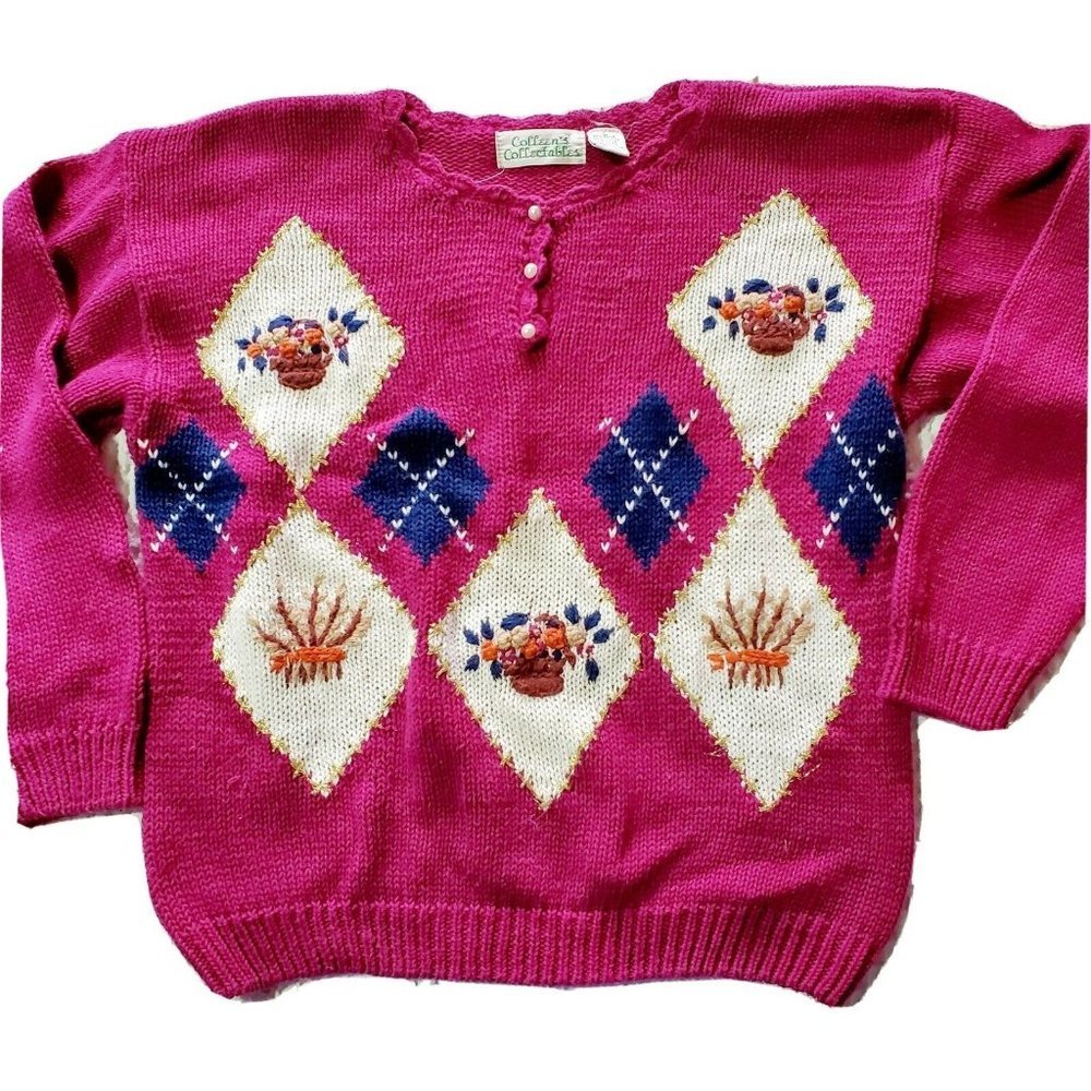 90s Fuschia Pink Floral Argyle Preppy Sweater